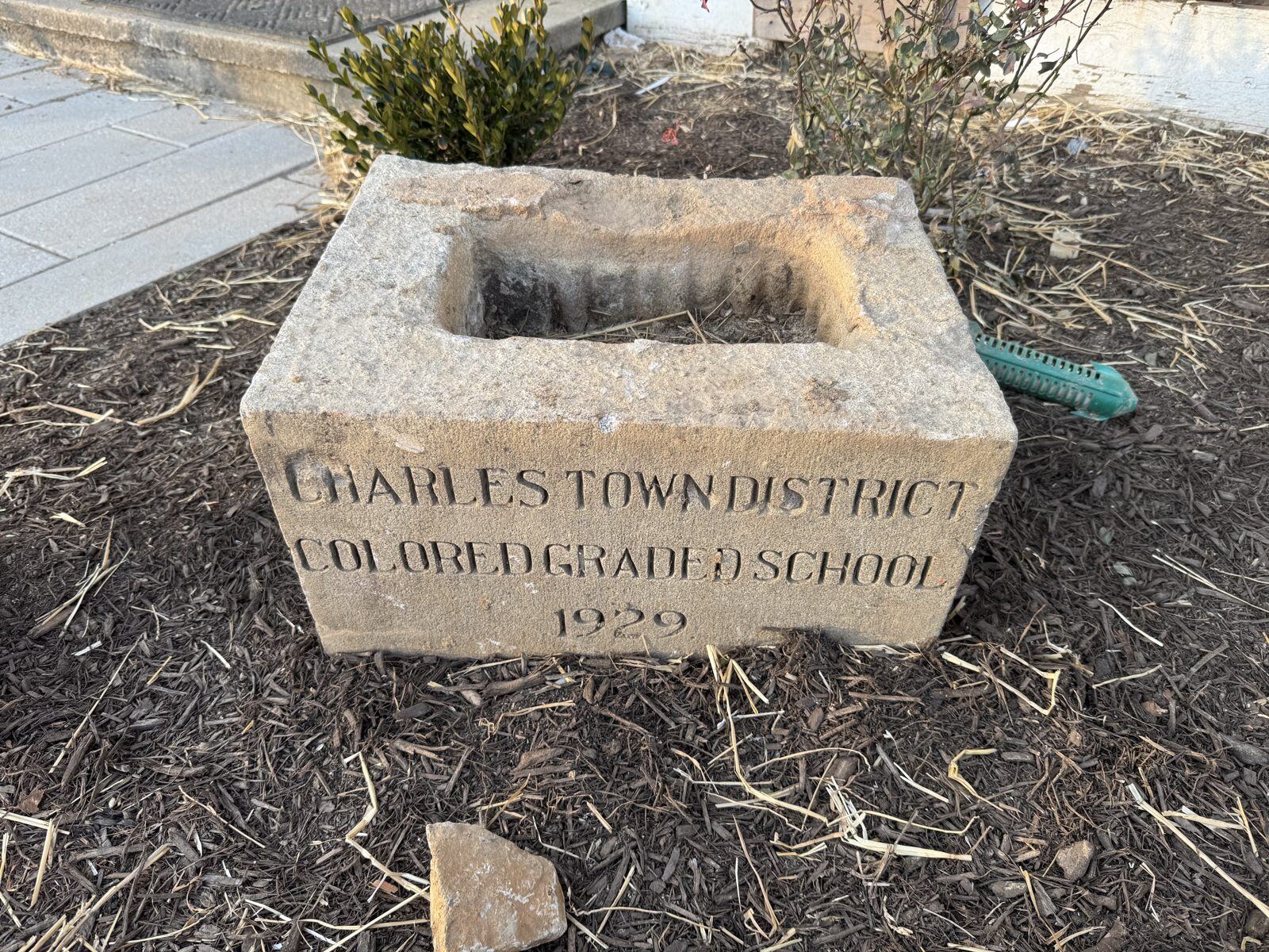 The Charles Town District Colored Graded School 1929 marker in front of the Craven House where it was found