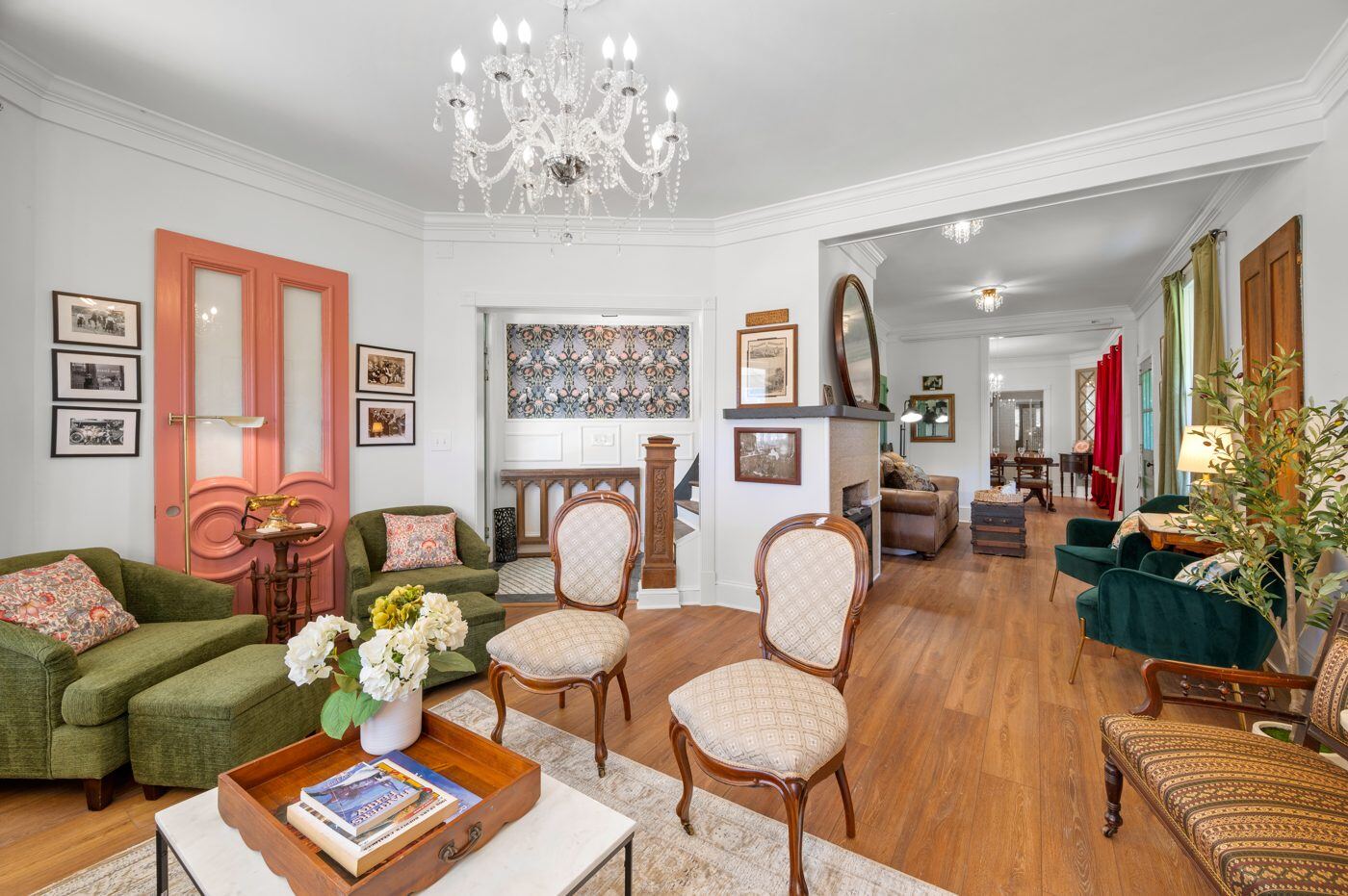 A restored living parlor at the Craven House